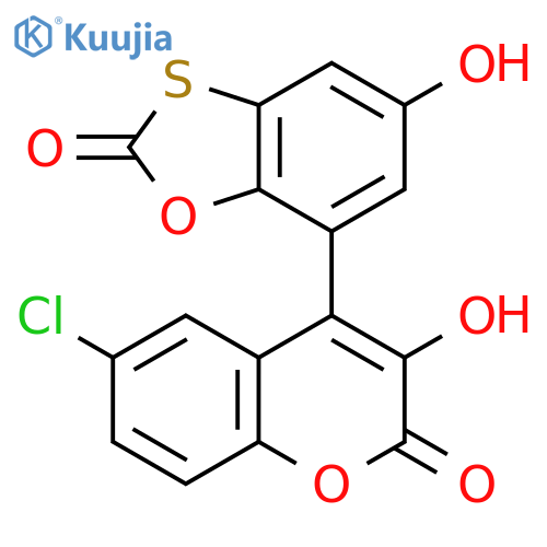 2H-1-Benzopyran-2-one,6-chloro-3-hydroxy-4-(5-hydroxy-2-oxo-1,3-benzoxathiol-7-yl)- structure