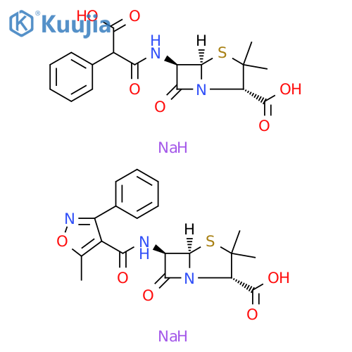 4-Thia-1-azabicyclo[3.2.0]heptane-2-carboxylic acid, 6-[(carboxyphenylacetyl)amino]-3,3-dimethyl-7-oxo-, disodium salt, (2S,5R,6R)-, mixt. with (2S,5R,6R)-3,3-dimethyl-6-[[(5-methyl-3-phenyl-4-isoxazolyl)carbonyl]amino]-7-oxo-4-thia-1-azabicyclo[3.2.0]heptane-2-carboxylic acid monosodium salt (9CI) structure