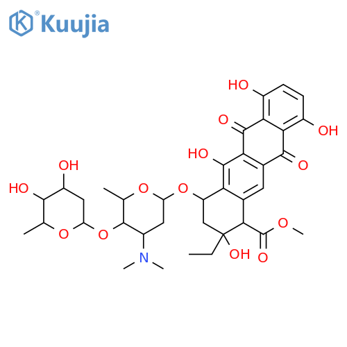 1-Naphthacenecarboxylicacid,2-ethyl-1,2,3,4,6,11-hexahydro-2,5,7,10-tetrahydroxy-6,11-dioxo-4-[[2,3,6-trideoxy-4-O-(2,6-dideoxy-a-L-lyxo-hexopyranosyl)-3-(dimethylamino)-a-L-lyxo-hexopyranosyl]oxy]-,methyl ester, (1S,2R,4S)- structure