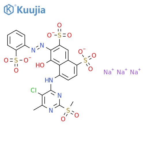 trisodium 4-[(5-chloro-6-methyl-2-methylsulfonyl-pyrimidin-4-yl)amino]-5-hydroxy-6-(2-sulfonatophenyl)azo-naphthalene-1,7-disulfonate structure
