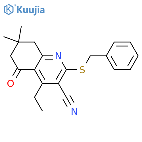 2-(benzylsulfanyl)-4-ethyl-7,7-dimethyl-5-oxo-5,6,7,8-tetrahydroquinoline-3-carbonitrile structure