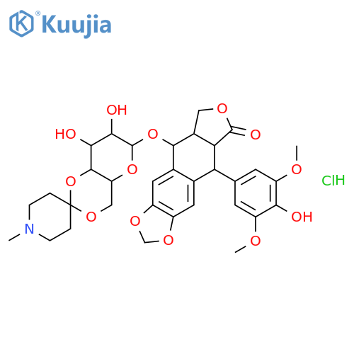 (5R,5aR,8aR,9S)-9-{[(4a'R,6'R,7'R,8'R,8a'S)-7',8'-dihydroxy-1-methylhexahydrospiro[piperidine-4,2'-pyrano[3,2-d][1,3]dioxin]-6'-yl]oxy}-5-(4-hydroxy-3,5-dimethoxyphenyl)-5,8,8a,9-tetrahydrofuro[3',4':6,7]naphtho[2,3-d][1,3]dioxol-6(5aH)-one hydrochloride structure