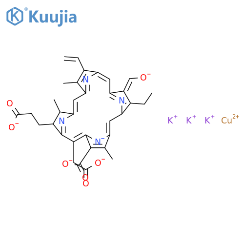 Cuprate(3-),[(7S,8S)-3-carboxy-5-(carboxymethyl)-13-ethenyl-18-ethyl-17-formyl-7,8-dihydro-2,8,12-trimethyl-21H,23H-porphine-7-propanoato(5-)-kN21,kN22,kN23,kN24]-, potassium (1:3), (SP-4-2)- structure