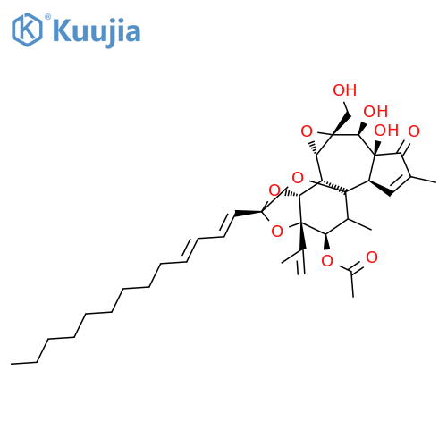(2R,3aR,3bS,3cS,4aR,5S,5aS,8aR,9R,10R,10aS)-5,5a-dihydroxy-4a-(hydroxymethyl)-7,9-dimethyl-10a-(1-methylethenyl)-6-oxo-2-[(1E,3E)-trideca-1,3-dien-1-yl]-3a,3c,4a,5,5a,6,8a,9,10,10a-decahydro-3bH-2,8b-epoxyoxireno[6,7]azuleno[5,4-e][1,3]benzodioxol-10-yl a structure