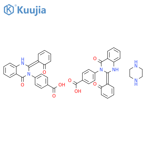 4-[(2E)-4-oxo-2-(6-oxocyclohexa-2,4-dien-1-ylidene)-1,4-dihydroquinazolin-3(2H)-yl]benzoic acid - piperazine (2:1) structure