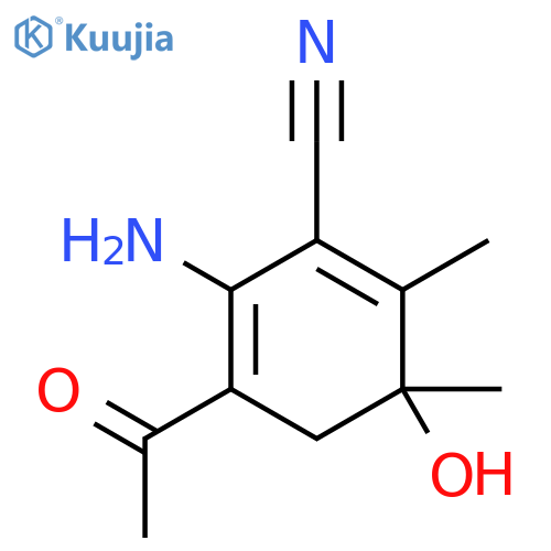 5-acetyl-6-amino-3-hydroxy-2,3-dimethylcyclohexa-1,5-diene-1-carbonitrile structure