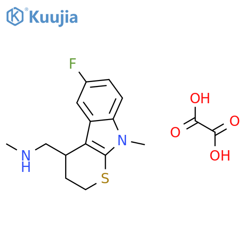 1-(6-fluoro-9-methyl-2,3,4,9-tetrahydrothiopyrano[2,3-b]indol-4-yl)-N-methylmethanamine ethanedioate structure