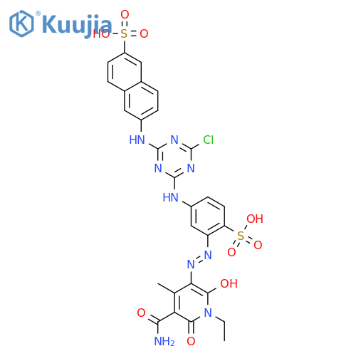 2-NAPHTHALENESULFONIC ACID, 6-[[4-[[3-[[5-(AMINOCARBONYL)-1-ETHYL-1,6-DIHYDRO-2-HYDROXY-4-METHYL-6-OXO-3-PYRIDINYL]AZO]-4-SULFOPHENYL]AMINO]-6-CHLORO-1,3,5-TRIAZIN-2-YL]AMINO]- structure