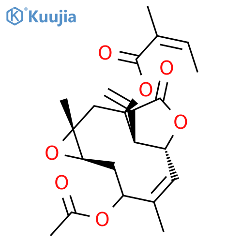 (1aR,4E,5aR,8aR,9R,10aR)-3-(acetyloxy)-4,10a-dimethyl-8-methylidene-7-oxo-1a,2,3,5a,7,8,8a,9,10,10a-decahydrooxireno[5,6]cyclodeca[1,2-b]furan-9-yl (2Z)-2-methylbut-2-enoate structure