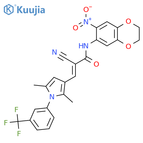 (E)-2-cyano-3-[2,5-dimethyl-1-[3-(trifluoromethyl)phenyl]pyrrol-3-yl]-N-(6-nitro-2,3-dihydro-1,4-benzodioxin-7-yl)prop-2-enamide structure