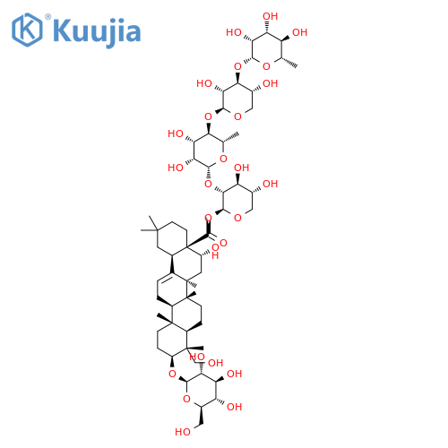 Olean-12-en-28-oicacid, 3-(b-D-glucopyranosyloxy)-16,23-dihydroxy-,O-6-deoxy-a-L-mannopyranosyl-(1®3)-O-b-D-xylopyranosyl-(1®4)-O-6-deoxy-a-L-mannopyranosyl-(1®2)-b-D-xylopyranosyl ester, (3b,4a,16a)- (9CI) structure