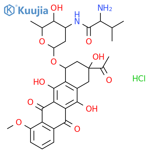 3-acetyl-3,5,12-trihydroxy-10-methoxy-6,11-dioxo-1,2,3,4,6,11-hexahydrotetracen-1-yl 2,3,6-trideoxy-3-(valylamino)hexopyranoside hydrochloride (1:1) structure