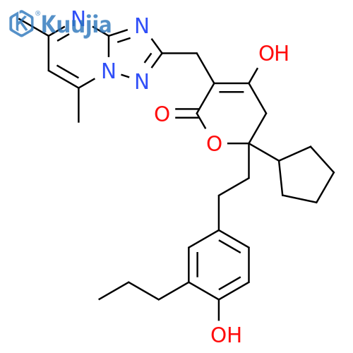 2H-Pyran-2-one,6-cyclopentyl-3-[(5,7-dimethyl[1,2,4]triazolo[1,5-a]pyrimidin-2-yl)methyl]-5,6-dihydro-4-hydroxy-6-[2-(4-hydroxy-3-propylphenyl)ethyl]- structure