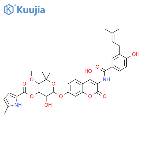 N-[7-[[6-Deoxy-5,4-O-dimethyl-3-O-[(5-methyl-1H-pyrrole-2-yl)carbonyl]-α-L-lyxo-hexopyranosyl]oxy]-4-hydroxy-2-oxo-2H-1-benzopyran-3-yl]-4-hydroxy-3-(3-methyl-2-butenyl)benzamide structure