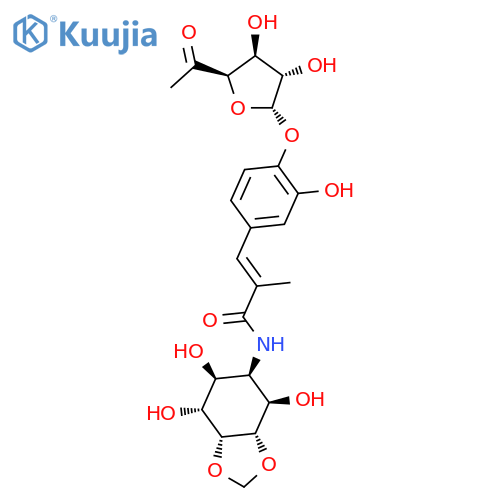 D-neo-Inositol,5-deoxy-5-[[(2E)-3-[4-[(6-deoxy-a-L-xylo-hexofuranos-5-ulos-1-yl)oxy]-3-hydroxyphenyl]-2-methyl-1-oxo-2-propen-1-yl]amino]-1,2-O-methylene- structure