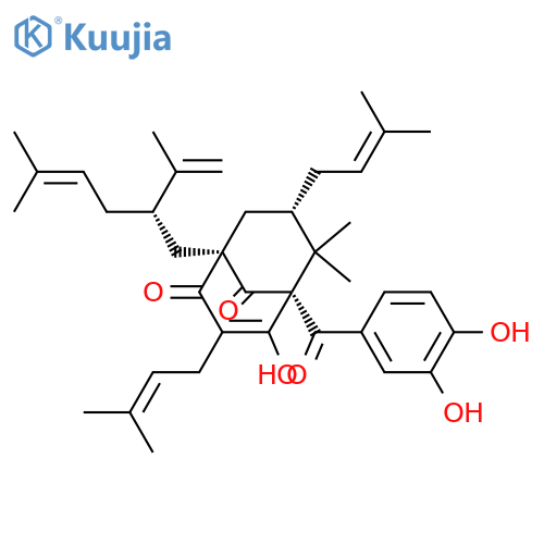 Bicyclo[3.3.1]non-3-ene-2,9-dione, 5-(3,4-dihydroxybenzoyl)-4-hydroxy-6,6-dimethyl-3,7-bis(3-methyl-2-buten-1-yl)-1-[(2R)-5-methyl-2-(1-methylethenyl)-4-hexen-1-yl]-, (1R,5S,7S)-rel-(-)- structure
