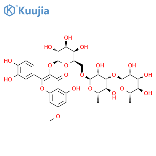 2-(3,4-dihydroxyphenyl)-5-hydroxy-7-methoxy-4-oxo-4H-chromen-3-yl 6-deoxy-alpha-L-mannopyranosyl-(1->3)-6-deoxy-alpha-L-mannopyranosyl-(1->6)-beta-D-galactopyranoside structure