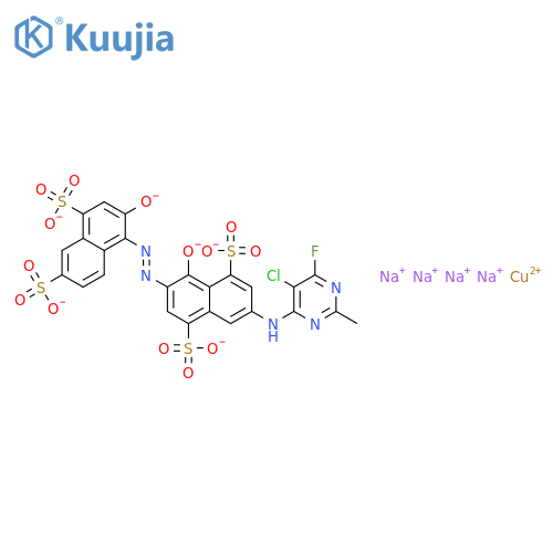 Cuprate(4-),[7-[(5-chloro-2-fluoro-6-methyl-4-pyrimidinyl)amino]-4-(hydroxy-kO)-3-[2-[2-(hydroxy-kO)-4,6-disulfo-1-naphthalenyl]diazenyl-kN1]-1,5-naphthalenedisulfonato(6-)]-,sodium (1:4) structure