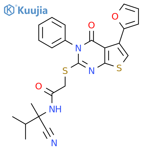 N-(2-cyano-3-methylbutan-2-yl)-2-[5-(furan-2-yl)-4-oxo-3-phenylthieno[2,3-d]pyrimidin-2-yl]sulfanylacetamide structure