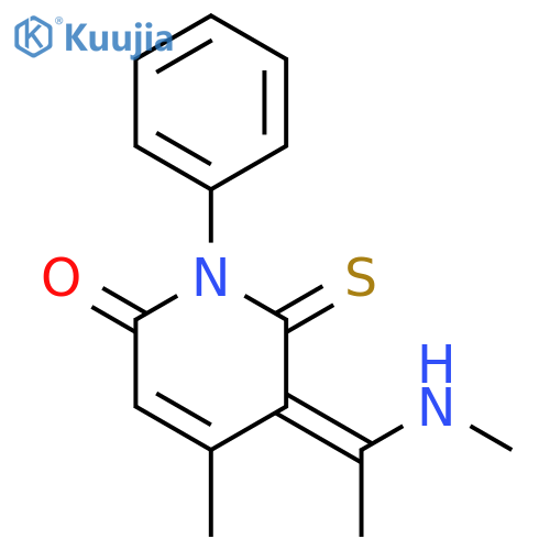 2(1H)-Pyridinone,5,6-dihydro-4-methyl-5-[1-(methylamino)ethylidene]-1-phenyl-6-thioxo- structure