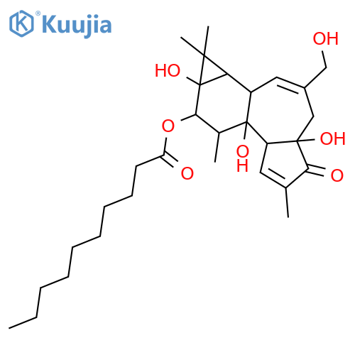 Decanoic acid, (1aR,1bS,4aR,7aS,7bR,8R,9R,9aS)-1a,1b,4,4a,5,7a,7b,8,9,9a-decahydro-4a,7b,9a-trihydroxy-3-(hydroxymethyl)-1,1,6,8-tetramethyl-5-oxo-1H-cyclopropa(3,4)benz(1,2-e)azulen-9-yl ester structure