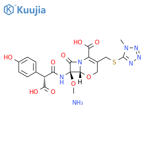 (6R,7R)-7-{[(2R)-2-carboxy-2-(4-hydroxyphenyl)acetyl]amino}-7-methoxy-3-{[(1-methyl-1H-tetrazol-5-yl)sulfanyl]methyl}-8-oxo-5-oxa-1-azabicyclo[4.2.0]oct-2-ene-2-carboxylic acid diammoniate structure