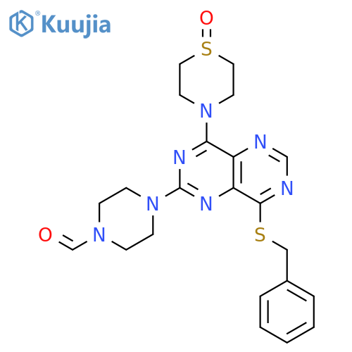4-[8-(benzylsulfanyl)-4-(1-oxidothiomorpholin-4-yl)pyrimido[5,4-d]pyrimidin-2-yl]piperazine-1-carbaldehyde structure