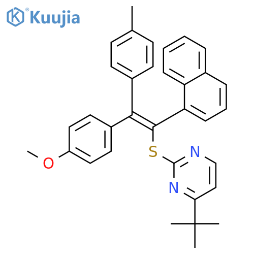 Pyrimidine,4-(1,1-dimethylethyl)-2-[[(1Z)-2-(4-methoxyphenyl)-2-(4-methylphenyl)-1-(1-naphthalenyl)ethenyl]thio]- structure