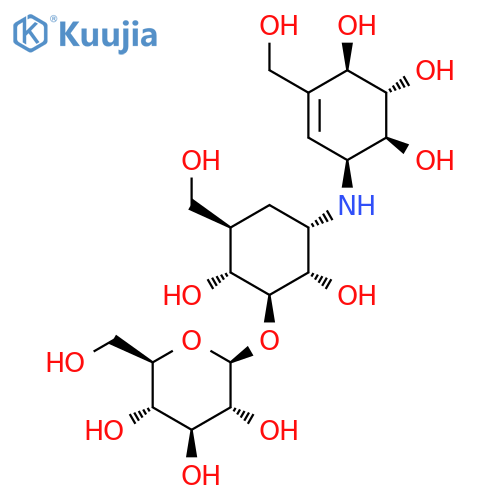 [1S-(1alpha,4alpha5beta,6alpha)]-1,5,6-trideoxy-3-O-beta-D-glucopyranosyl-5-(hydroxymethyl)-1-[[4,5,6-trihydroxy-3-(hydroxymethyl)cyclohex-2-en-1-yl]amino]-D-chiro-inositol structure