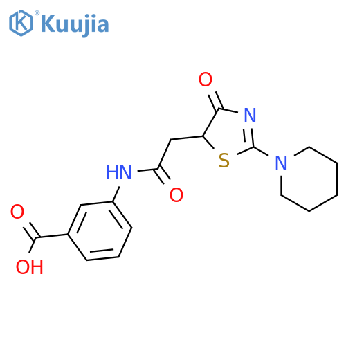 3-{2-4-oxo-2-(piperidin-1-yl)-4,5-dihydro-1,3-thiazol-5-ylacetamido}benzoic acid structure