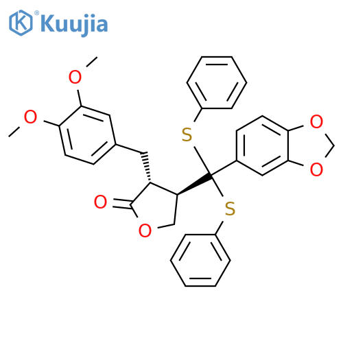 2(3H)-Furanone, 4-[1,3-benzodioxol-5-ylbis(phenylthio)methyl]-3-[(3,4-dimethoxyphenyl)methyl]dihydro-, trans- (9CI) structure