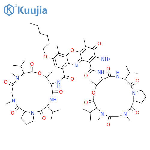 2-amino-7-(hexyloxy)-4,6-dimethyl-3-oxo-N,N'-bis[2,5,9-trimethyl-1,4,7,11,14-pentaoxo-6,13-di(propan-2-yl)hexadecahydro-1H-pyrrolo[2,1-i][1,4,7,10,13]oxatetraazacyclohexadecin-10-yl]-3H-phenoxazine-1,9-dicarboxamide structure