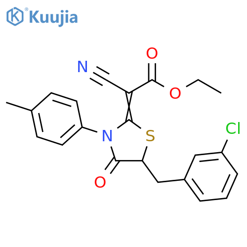 (Z)-ethyl 2-(5-(3-chlorobenzyl)-4-oxo-3-(p-tolyl)thiazolidin-2-ylidene)-2-cyanoacetate structure