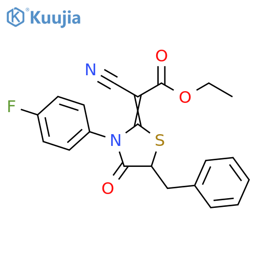 ethyl 2-(2Z)-5-benzyl-3-(4-fluorophenyl)-4-oxo-1,3-thiazolidin-2-ylidene-2-cyanoacetate structure