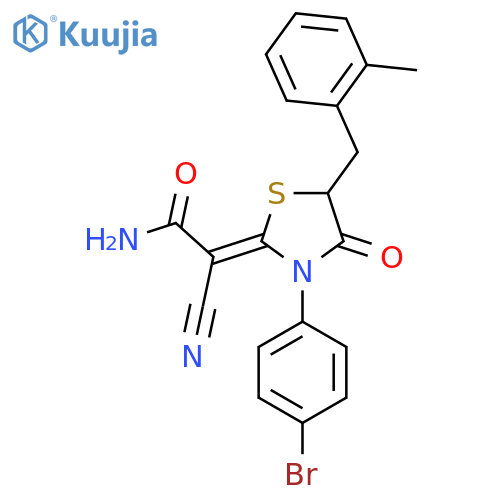 2-(2Z)-3-(4-bromophenyl)-5-(2-methylphenyl)methyl-4-oxo-1,3-thiazolidin-2-ylidene-2-cyanoacetamide structure