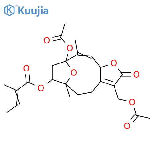 (E)-2-Methyl-2-butenoic acid [(6R,7R,9S,10E,11aR)-9-acetoxy-3-acetoxymethyl-2,4,5,6,7,8,9,11a-octahydro-6,10-dimethyl-2-oxo-6,9-epoxycyclodeca[b]furan-7-yl] ester structure