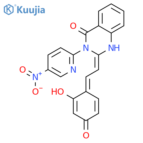 (2E)-2-[(2Z)-2-(2-hydroxy-4-oxocyclohexa-2,5-dien-1-ylidene)ethylidene]-3-(5-nitropyridin-2-yl)-2,3-dihydroquinazolin-4(1H)-one structure