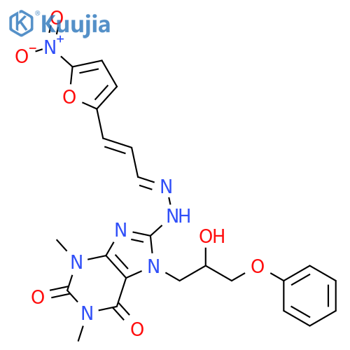 7-(2-hydroxy-3-phenoxypropyl)-1,3-dimethyl-8-{(2E)-2-[(2E)-3-(5-nitrofuran-2-yl)prop-2-en-1-ylidene]hydrazinyl}-3,7-dihydro-1H-purine-2,6-dione structure