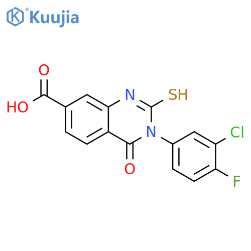 3-(3-chloro-4-fluorophenyl)-4-oxo-2-sulfanyl-3,4-dihydroquinazoline-7-carboxylic acid structure