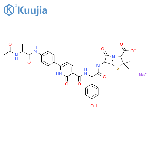 sodium (2S,5R,6R)-6-{[{[(6-{4-[(N-acetylalanyl)amino]phenyl}-2-oxo-1,2-dihydropyridin-3-yl)carbonyl]amino}(4-hydroxyphenyl)acetyl]amino}-3,3-dimethyl-7-oxo-4-thia-1-azabicyclo[3.2.0]heptane-2-carboxylate structure