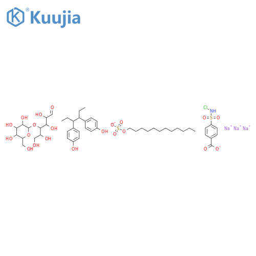 trisodium; 4-(chlorosulfamoyl)benzoate; dodecyl sulfate; 4-[(1S,2R)-1-ethyl-2-(4-hydroxyphenyl)butyl]phenol; (2R,3R,4R,5R)-2,3,5,6-tetrahydroxy-4-[(2S,3R,4S,5R,6R)-3,4,5-trihydroxy-6-(hydroxymethyl)tetrahydropyran-2-yl]oxy-hexanal structure