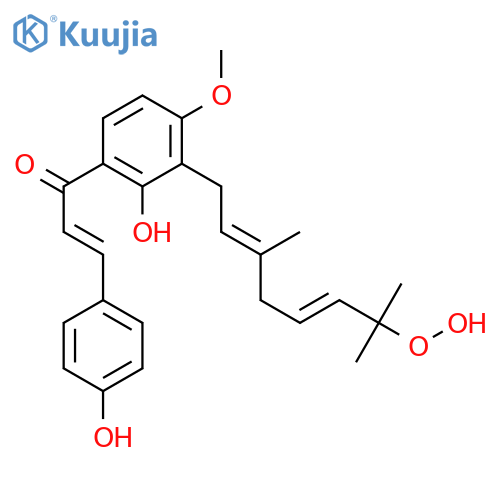 1-[2-hydroxy-3-(7-hydroperoxy-3,7-dimethyl-2,5-octadienyl)-4-methoxyphenyl]-3-(4-hydroxyphenyl)-2-propen-1-one structure
