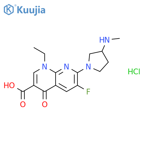 1-ethyl-6-fluoro-7-[3-(methylamino)pyrrolidin-1-yl]-4-oxo-1,4-dihydro-1,8-naphthyridine-3-carboxylic acid hydrochloride structure