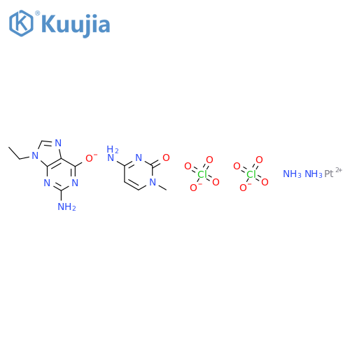 2-amino-9-ethyl-purin-6-olate; 4-amino-1-methyl-pyrimidin-2-one; ammonia; platinum(+2) cation; diperchlorate structure