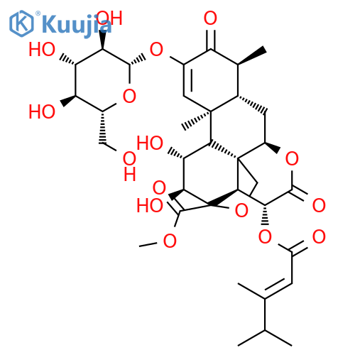 Picras-1-en-21-oicacid, 15-[[(2E)-3,4-dimethyl-1-oxo-2-pentenyl]oxy]-13,20-epoxy-2-(b-D-glucopyranosyloxy)-11,12-dihydroxy-3,16-dioxo-,methyl ester, (11b,12a,15b)- (9CI) structure