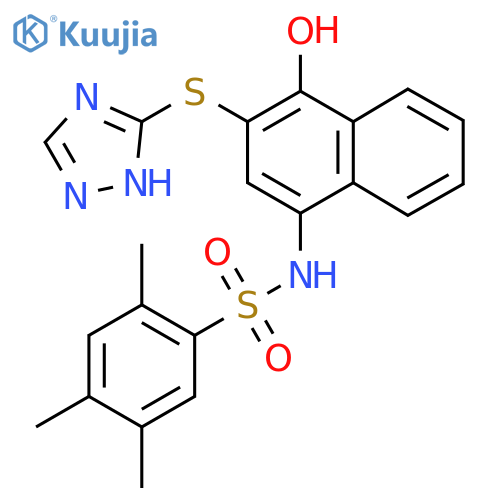 N-4-hydroxy-3-(1H-1,2,4-triazol-3-ylsulfanyl)naphthalen-1-yl-2,4,5-trimethylbenzene-1-sulfonamide structure