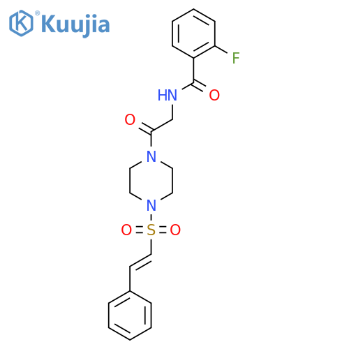 2-fluoro-N-[2-oxo-2-[4-[(E)-2-phenylethenyl]sulfonylpiperazin-1-yl]ethyl]benzamide structure