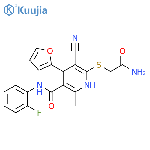 6-(carbamoylmethyl)sulfanyl-5-cyano-N-(2-fluorophenyl)-4-(furan-2-yl)-2-methyl-1,4-dihydropyridine-3-carboxamide structure