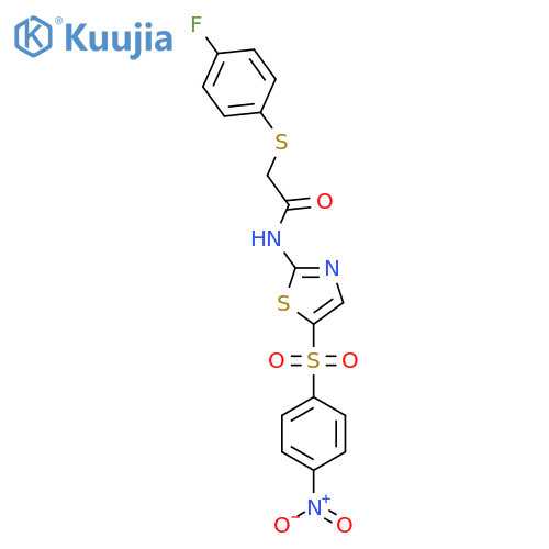 2-(4-fluorophenyl)sulfanyl-N-5-(4-nitrobenzenesulfonyl)-1,3-thiazol-2-ylacetamide structure
