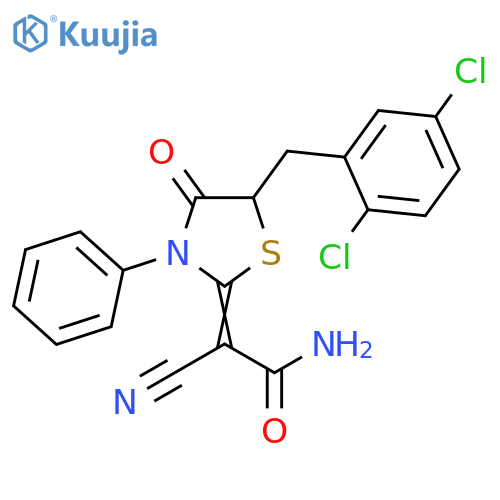 2-cyano-2-(2Z)-5-(2,5-dichlorophenyl)methyl-4-oxo-3-phenyl-1,3-thiazolidin-2-ylideneacetamide structure